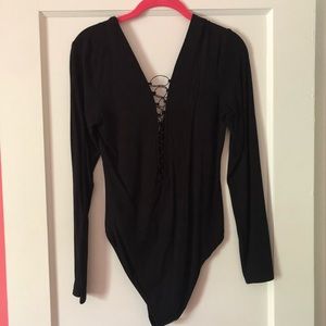 Bardot V-Neck Lace-Up Long Sleeve Bodysuit